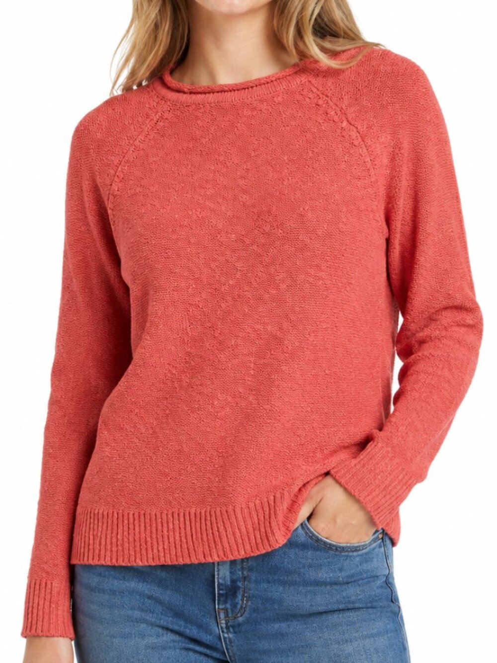 LL BEAN Cotton Knit Roll Neck Sweater Coral Red Medium Long Sleeve Colorful